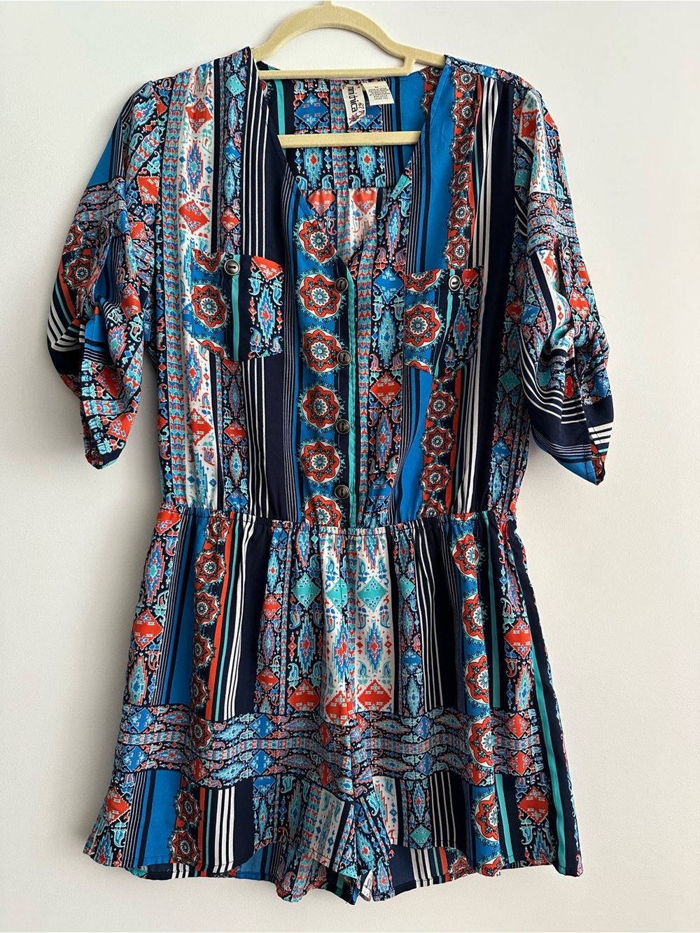 Bohemian Printed Mini Dress Romper in Blue and Red